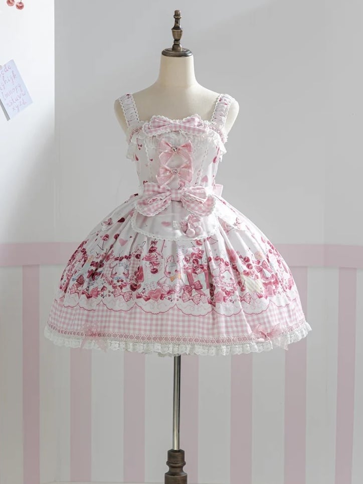 [pre-order Deadline: May 5] Pink Cherry Print Lace Ribbon Bunny Ear Apron Jsk Dress + Accessories