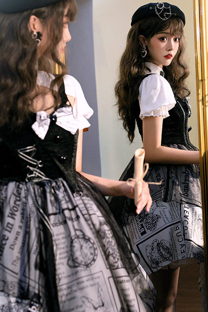 Black Fake Two Pieces Printed Irregular Hem Classic Lolita Dress