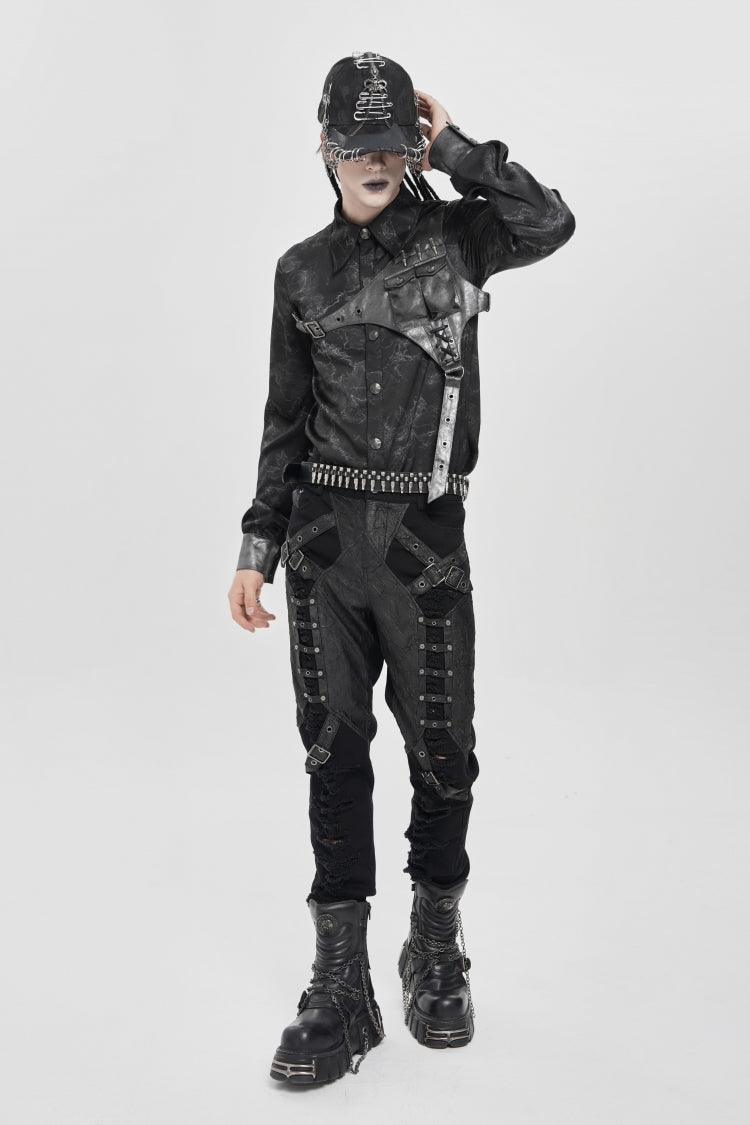 Black Long Sleeves Print Stitching Asymmetric Bullet Punk Blouse