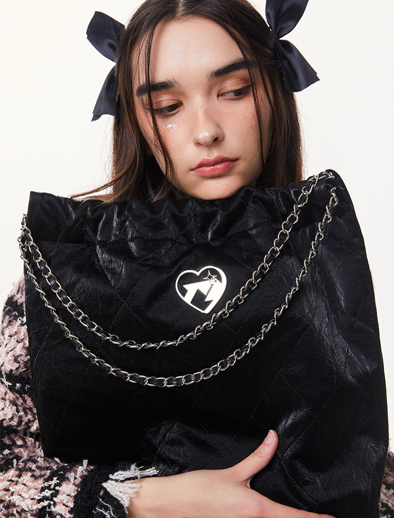 Cool Metal Diamond Quilted Leather Chain Tote Bag