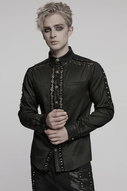 Black Lapel Collar Long Sleeves Stitching Mesh Punk Blouse