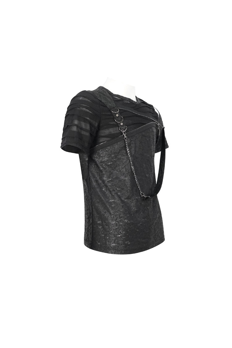 Black Left Off Shoulder Chest Zipper Embellished Punk Short Sleeve