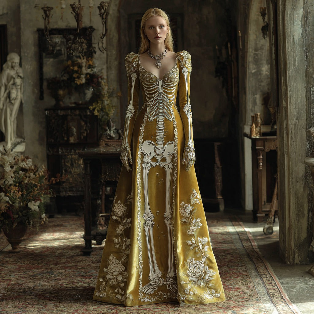 Women's Halloween Dark Gothic Rose Skull Velvet V-neck Maxi Dress elevenforest