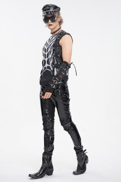 Black/white Round Collar Print Hollow Punk Vest