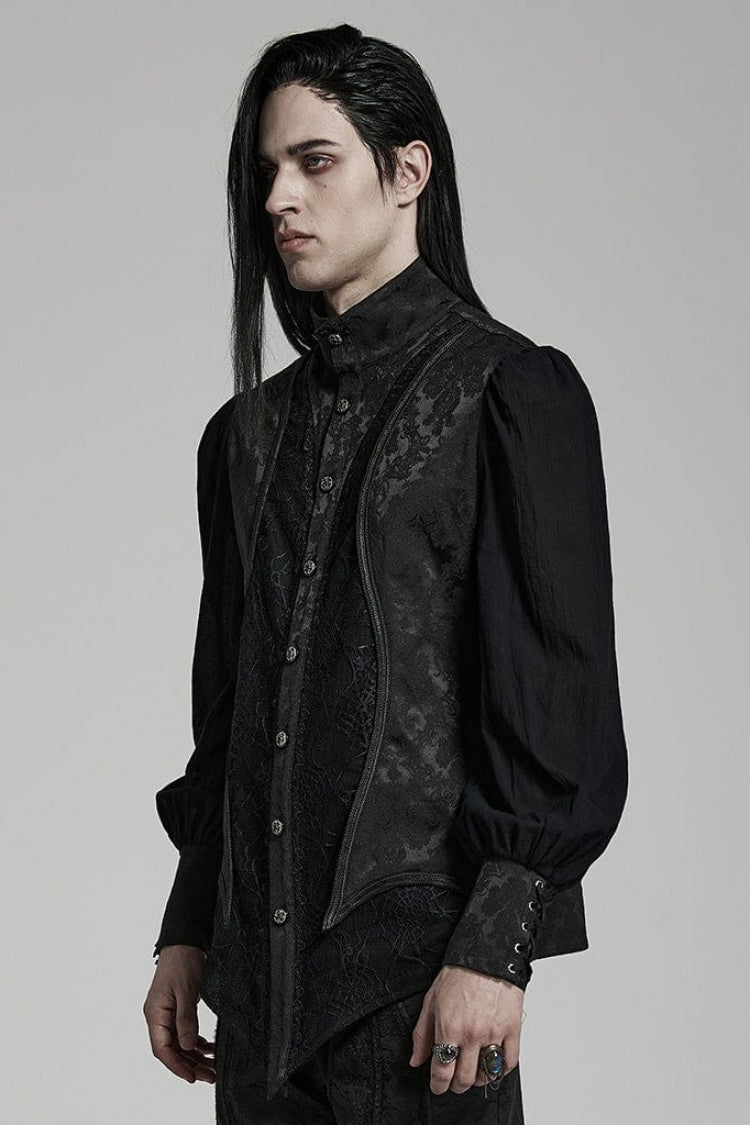 Black Stand Collar Long Puff Sleeves Jacquard Print Lace Gothic Blouse