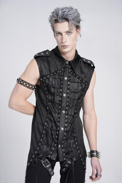 Black Sleeveless Studded Lace-up Gothic Blouse