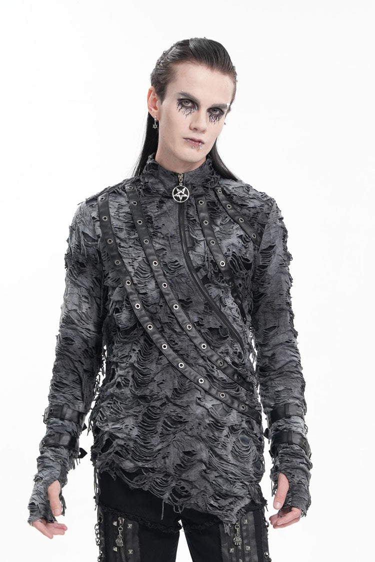 Black Stand Collar Ripped Eyelets Strap Gothic T-shirt