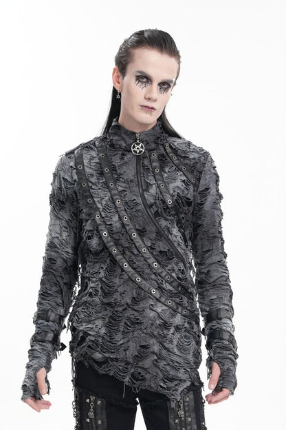 Black Stand Collar Ripped Eyelets Strap Gothic T-shirt