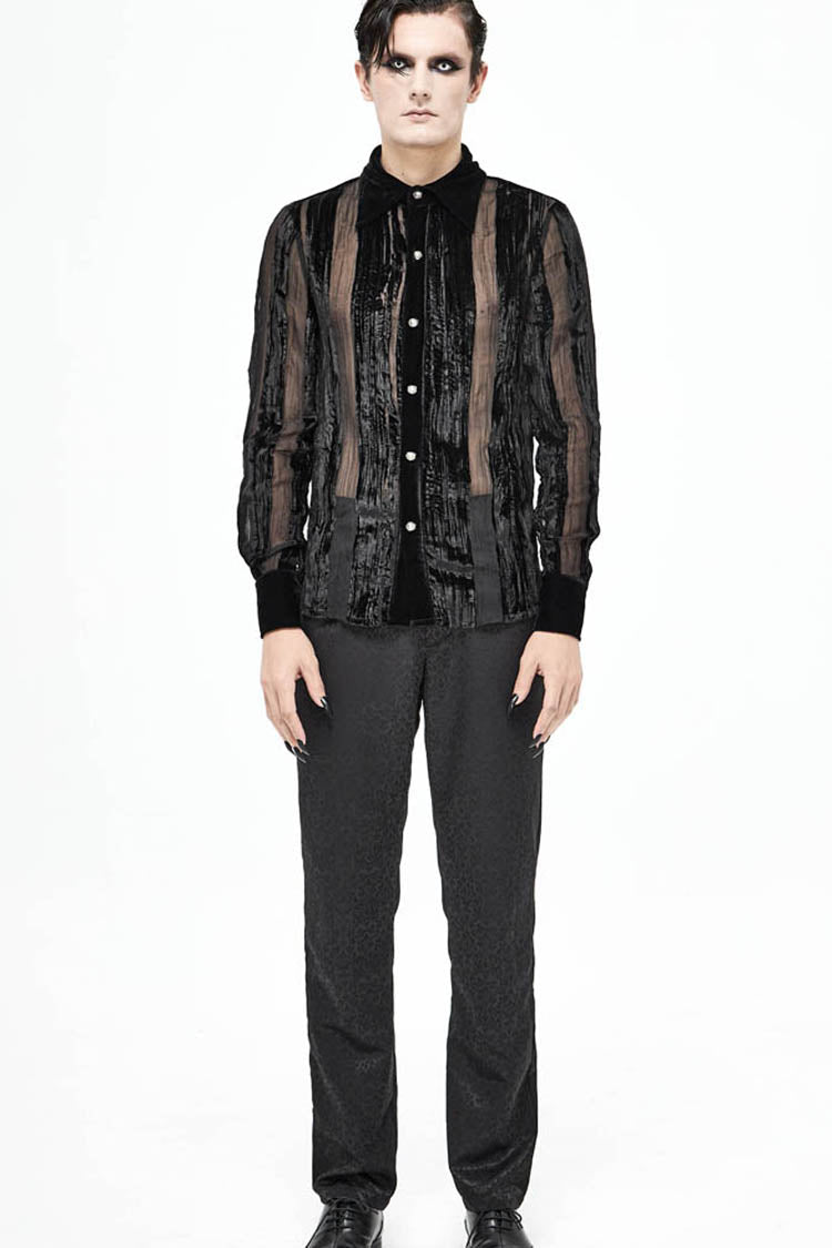 Black Striped Velvet Fold Mushroom Metal Buckles Long Sleeve Irregular Gothic Shirt