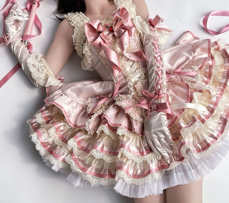 [pre-order Deadline: April 30] Sweet Pink Lolita Lace Ribbon Corset Tiered Jsk Dress