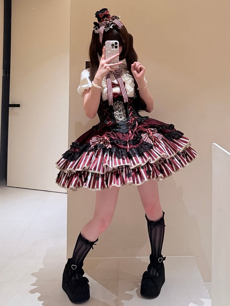 [pre-order Deadline: May 20] Magical Girl Lolita Lace Puff Sleeve Shirt + Black X Red Ribbon Corset Tiered Dress + Mini Hat