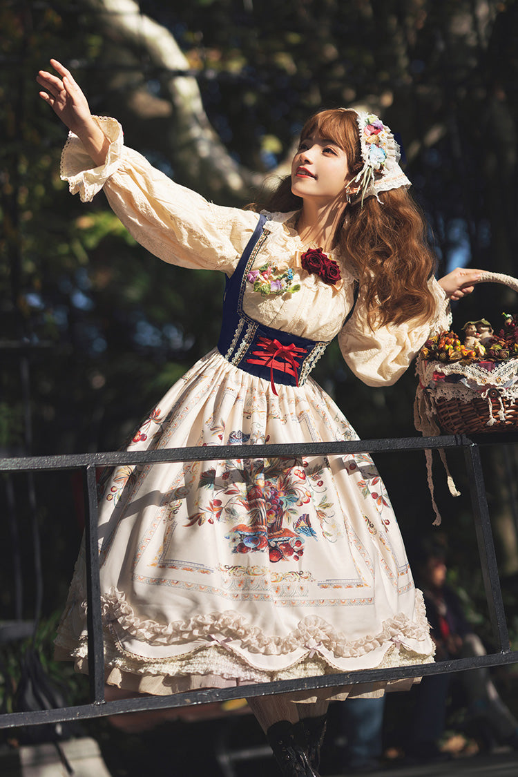 Ivory [ode to Plenty] Berries and Birds Print Ruffle Bowknot Velvet Classic Lolita Breast Support Jsk Dress