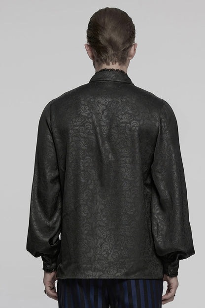 Black Stand Collar Long Sleeves Ruffle Embroidery Lace-up Plunging Rose Gothic Blouse