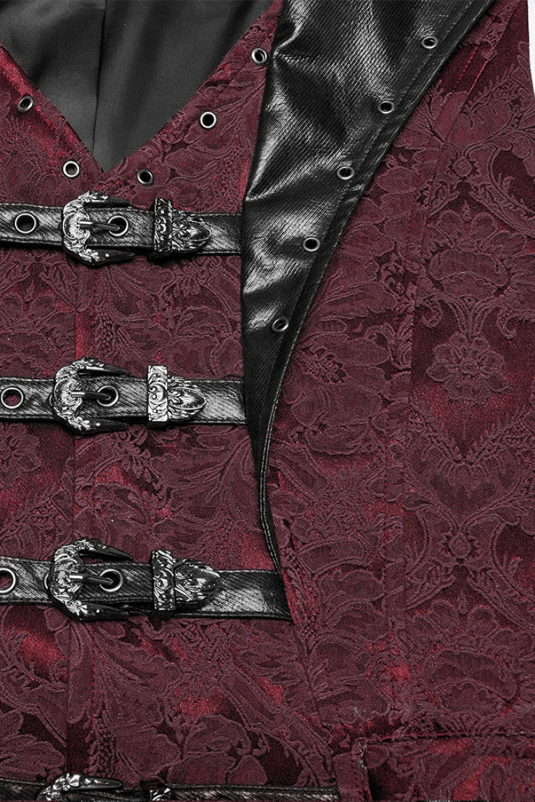 Black/red Lapel V-neck Sleeveless Jacquard Buckle Gothic Vest