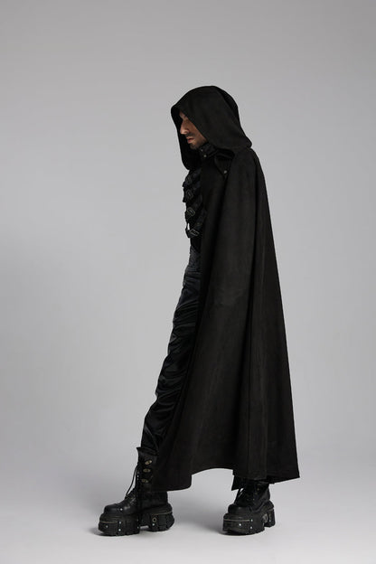Black Hooded Buckle-up Rivets Punk Cloak