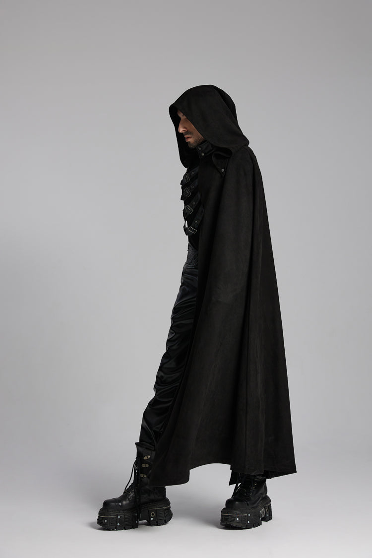Black Hooded Buckle-up Rivets Punk Cloak