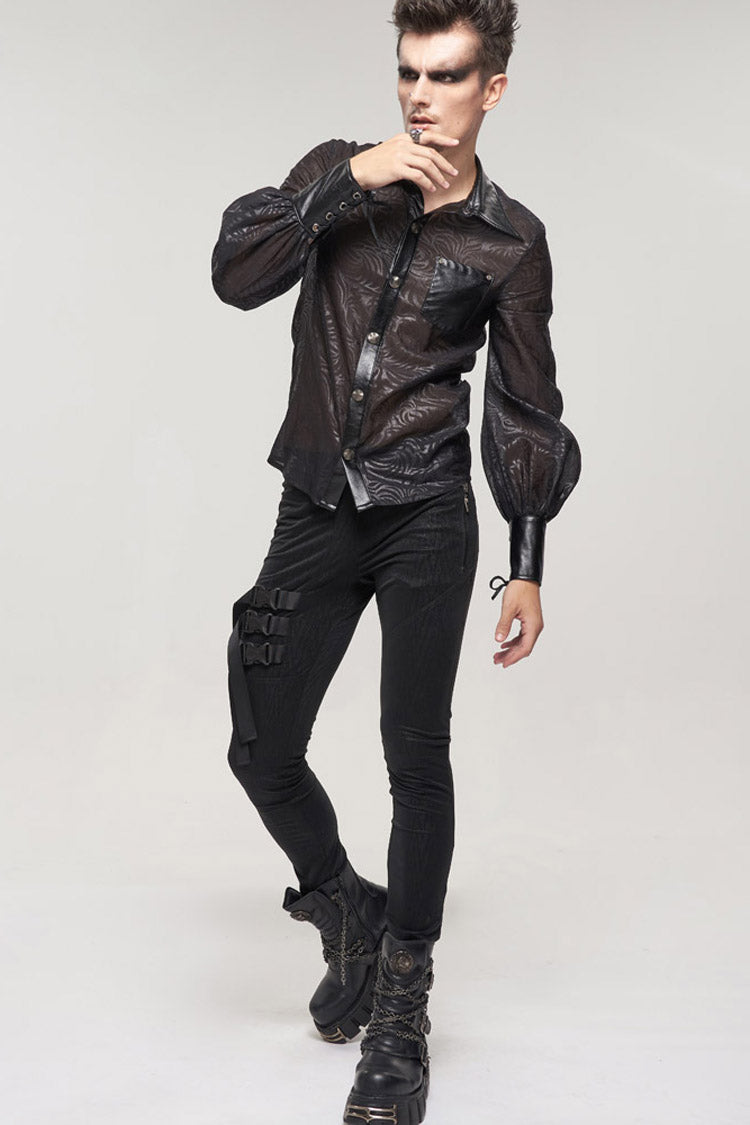 Black Punk Vertical Pattern Printing Cuff Drawstring Decoration See-through Shirt