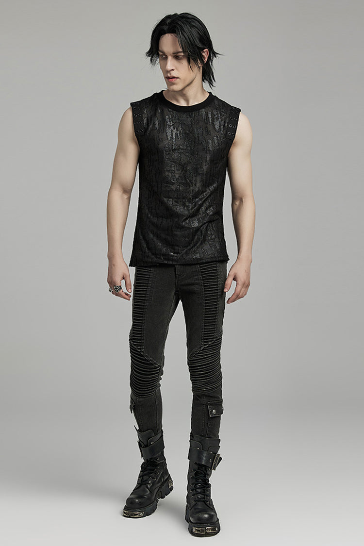 Black Round Collar Sleeveless Print Ripped Distressed Eyelet Gothic Tank Top