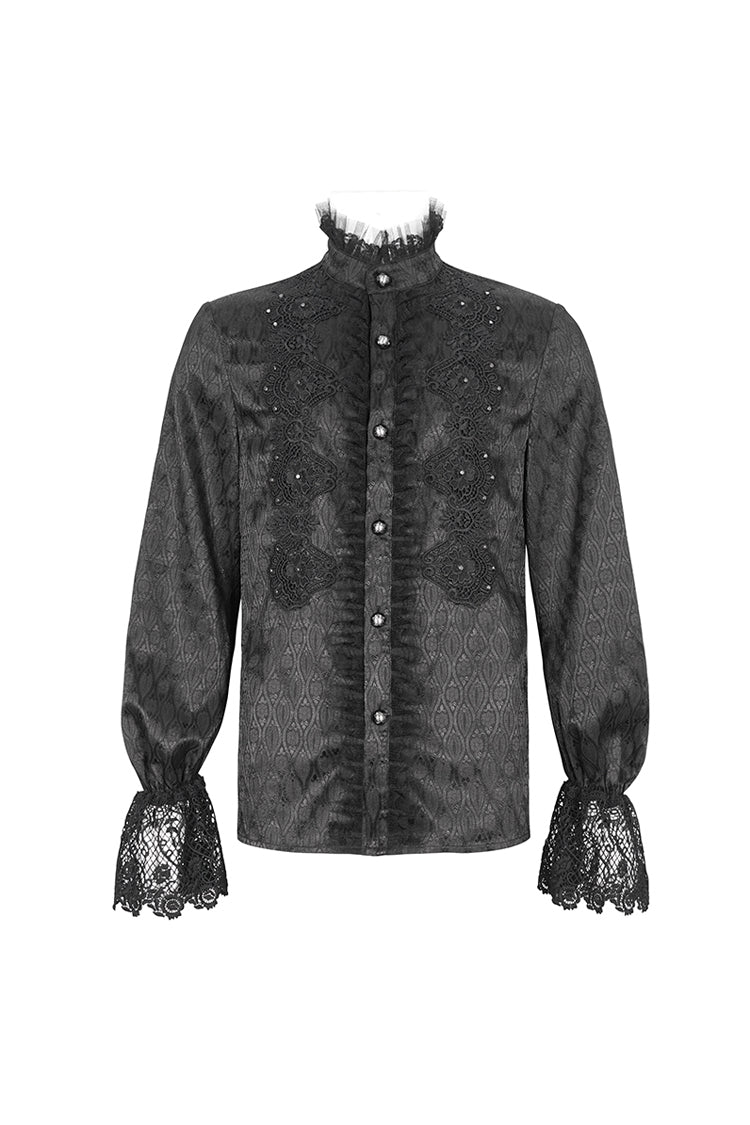 Black Stand Collar Puff Sleeved Lace Splice Gothic Shirt