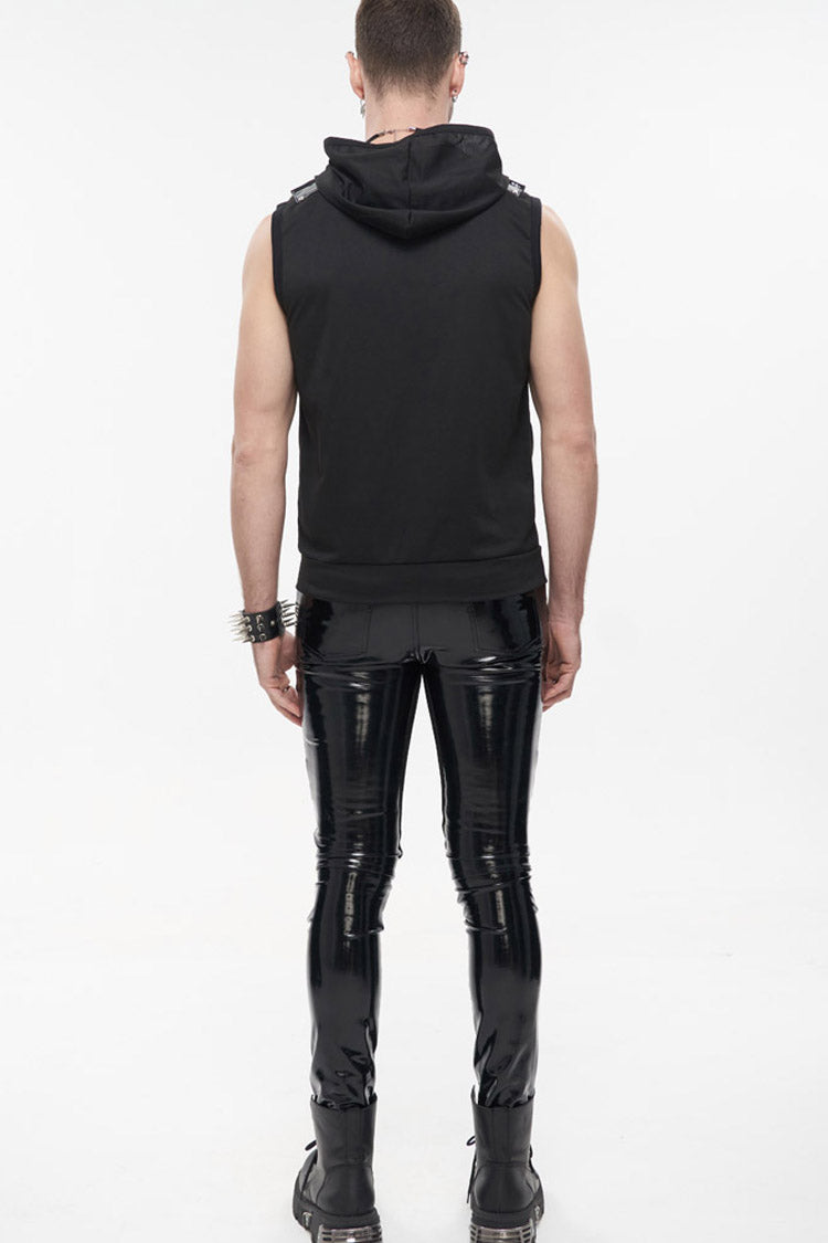 Black Punk Metal Skull Patent Leather Bullet Clip Textured Zip Hooded Sleeveless T-shirt