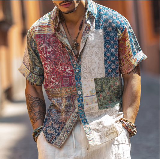 Western Style Bohemian Plant Flower Pattern Color Block Patchwork Retro Cotton And Linen Men's Shirt elevenforest