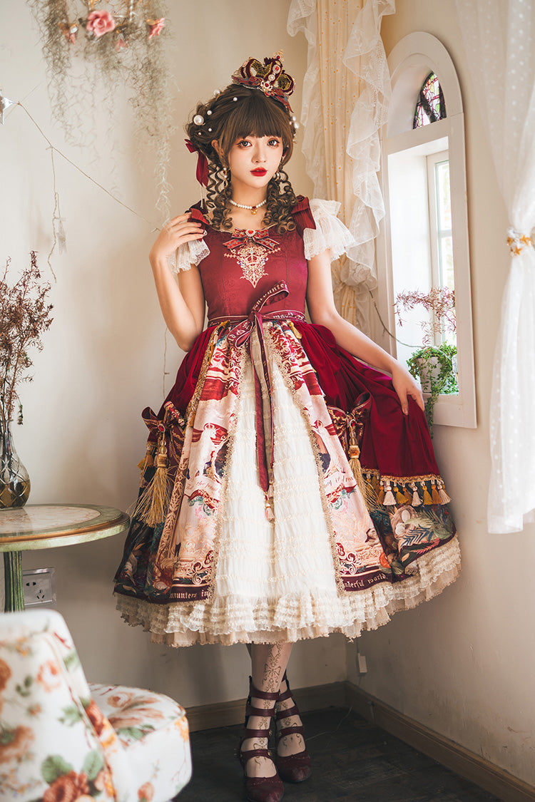 Red [kaleidoscope of Dreams] Flying Sleeves Print Embroidery Cardigan Bowknot Classic Lolita Dress