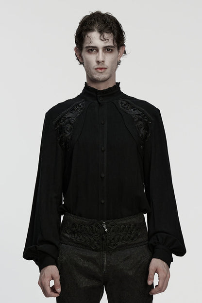 Black Stand Collar Long Lantern Sleeves Jacquard Gothic Blouse