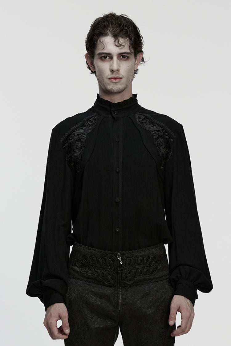 Black Stand Collar Long Lantern Sleeves Jacquard Gothic Blouse