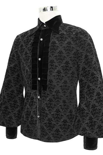 Black Court Pattern Flocking Lantern Sleeves Gothic Blouse