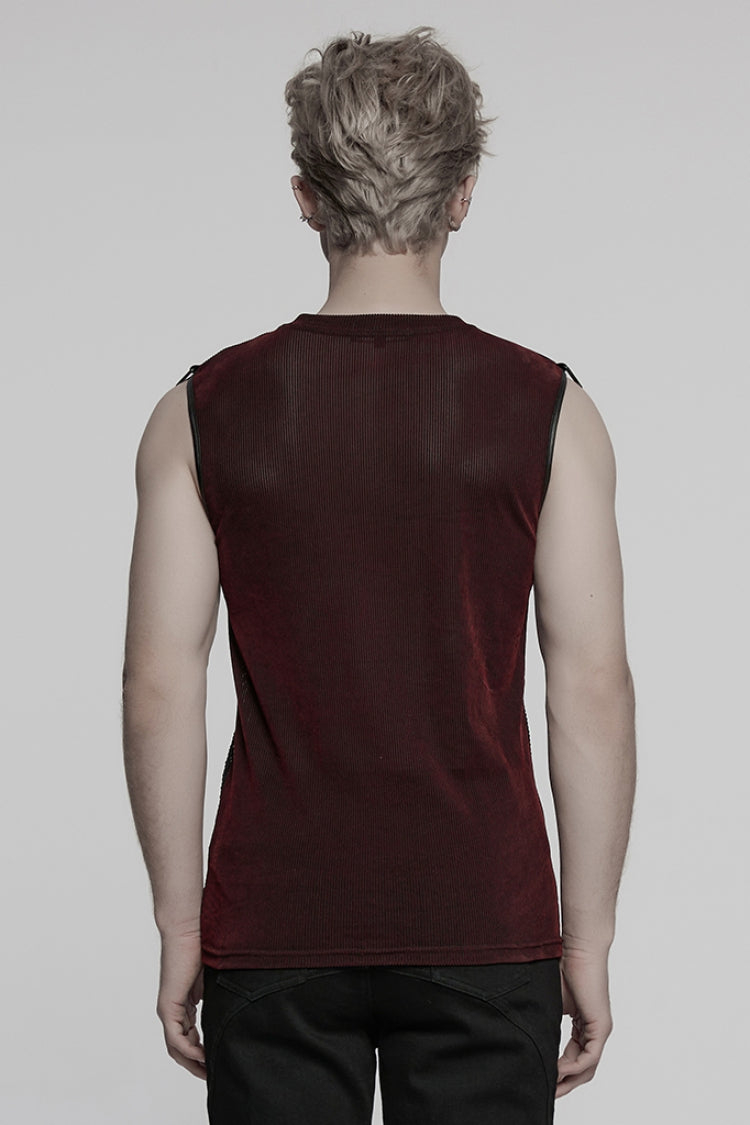 Black/red Round Collar Sheer Mesh Color Matching Rivet Punk Vest