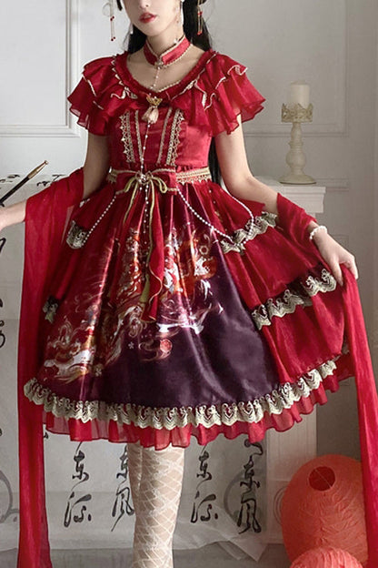 Round Collar Ruffled Short Sleeves Print High Waist Classic Lolita Dress