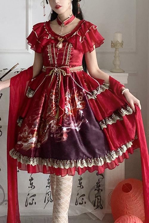 Round Collar Ruffled Short Sleeves Print High Waist Classic Lolita Dress