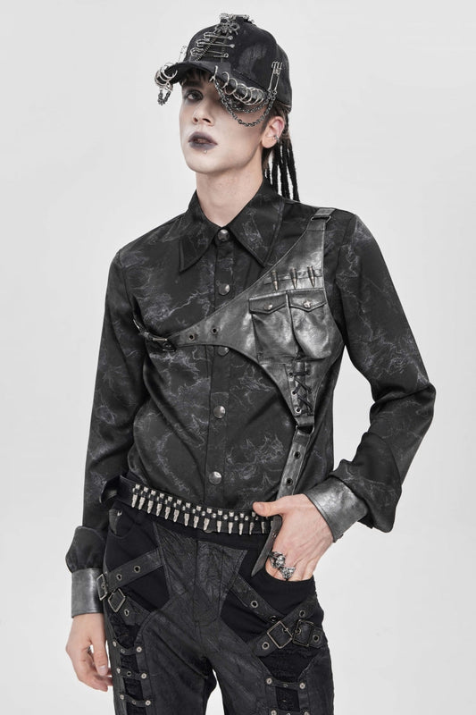 Black Long Sleeves Print Stitching Asymmetric Bullet Punk Blouse