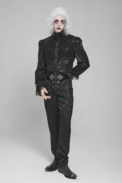 Black Stand Collar Long Puff Sleeves Embroidery Stitching Lace Gothic Blouse
