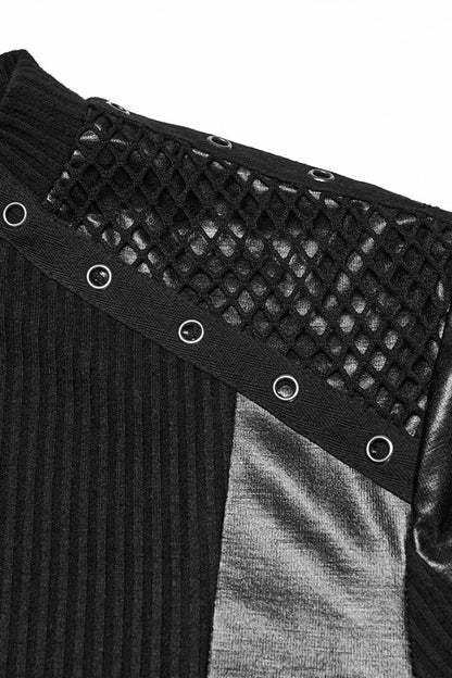 Black Round Collar Long Sleeves Spliced Eyelet Punk T-shirt