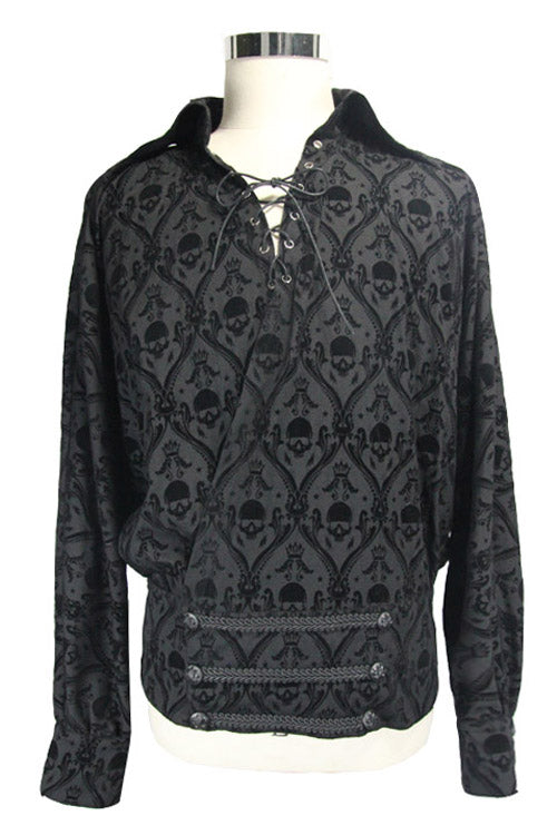 Black Lace Up Neckline Skull Printed Gothic Blouse