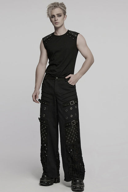 Black Round Collar Sleeveless Studded Stitching Shoulder Patched Punk Vest