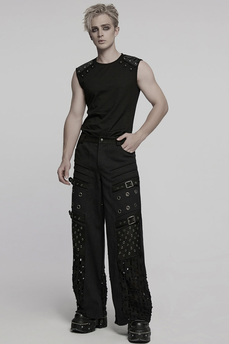 Black Round Collar Sleeveless Studded Stitching Shoulder Patched Punk Vest