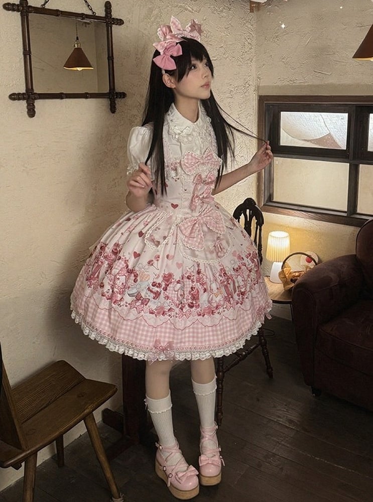 [pre-order Deadline: May 5] Pink Cherry Print Lace Ribbon Bunny Ear Apron Jsk Dress + Accessories