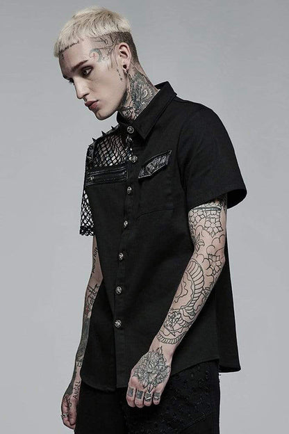 Black Punk Elastic Cotton Twill Fabric Spliced Diamond Mesh Asymmetrical Personality Short Sleeve Shirt