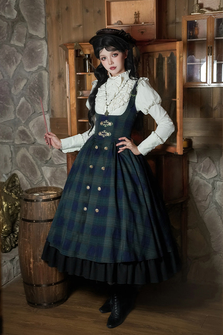 Blue/green [berlin's Letter] Double-layered Plaid Print Ruffle Bowknot Classic College Style Lolita Strap Dress Set 2 Versions