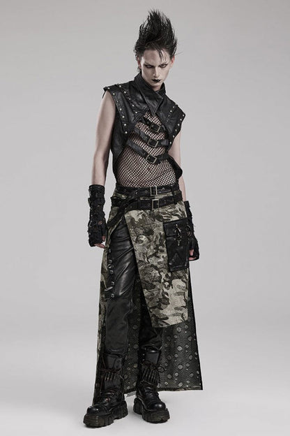 Black Faux Leather Stitching Mesh Sheer Metal Rivets Steampunk Vest