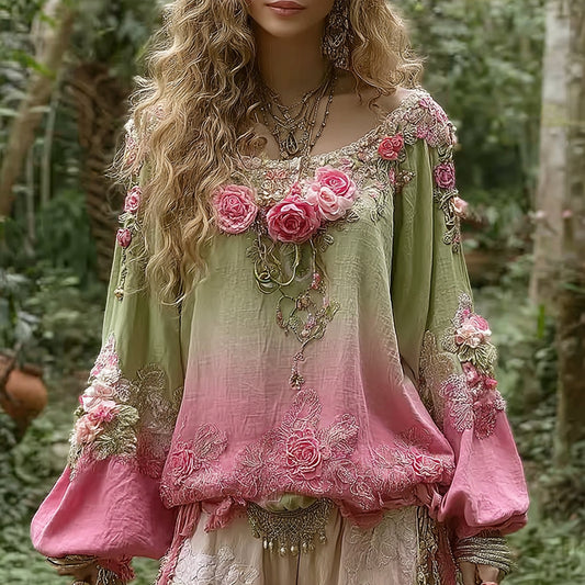 Pink Rose Embroidery Print Round Neck Long Sleeve Linen Blend T-shirt elevenforest