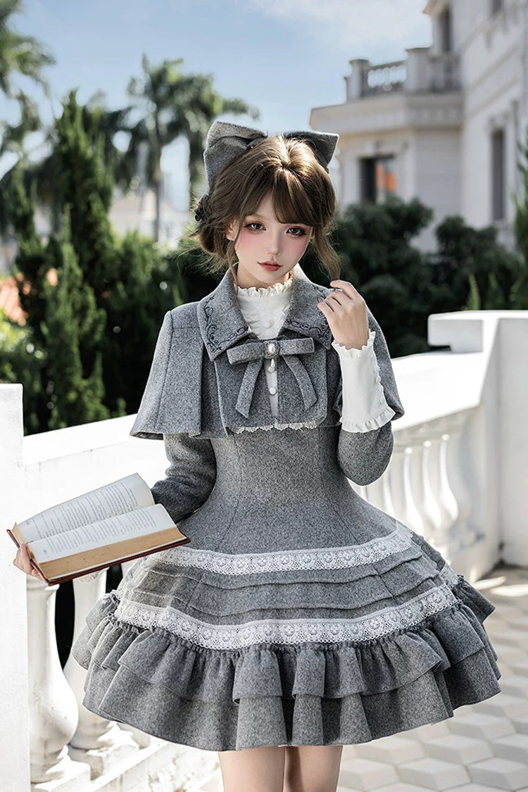 Grey [letters and Poems · Old Memories] Stand Collar Long Sleeves Double-layered Ruffled Bow Classic Lolita Dress 2 Versions