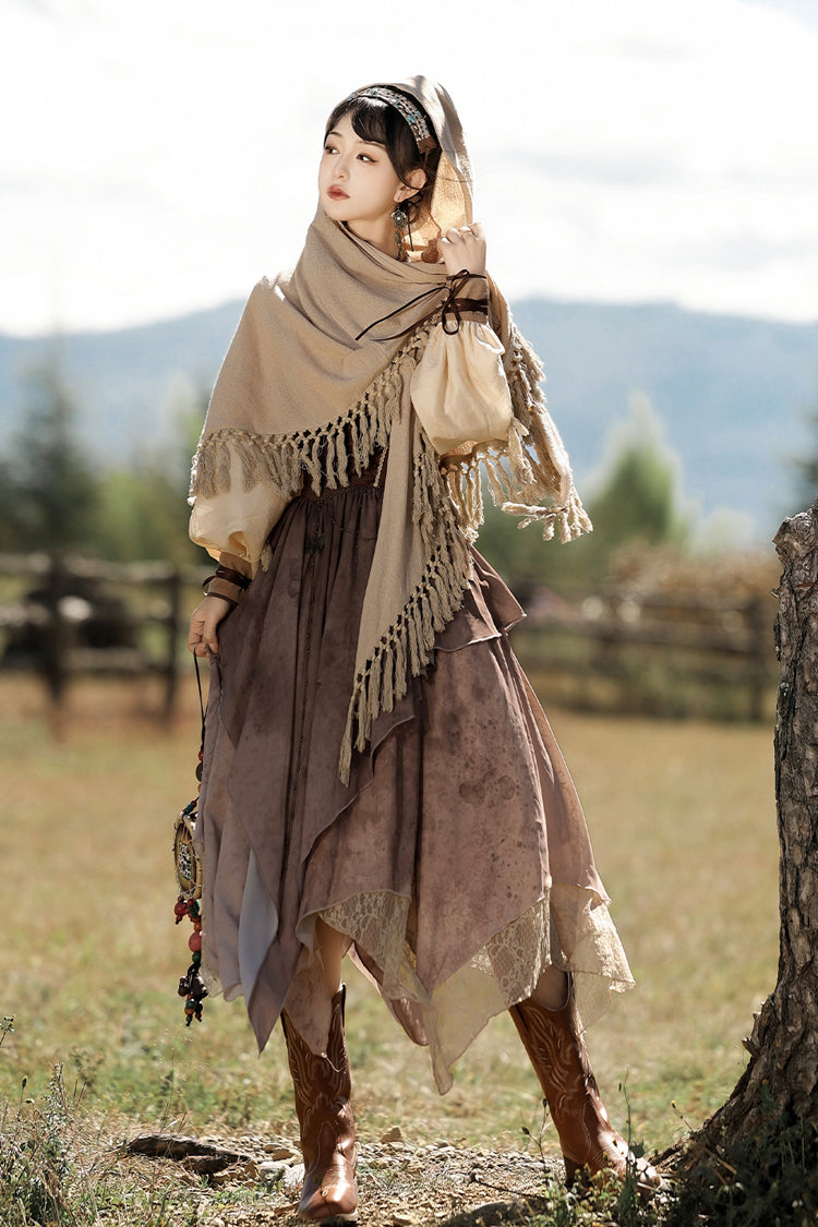 Brown [sunset Yellow Sand] Print Irregular Asymmetric Classic Lolita Dress Set