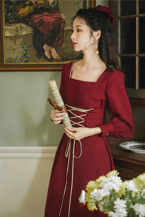 Wine European Manor Square Collar Long Sleeves High Waisted Classic Lolita Op Dress