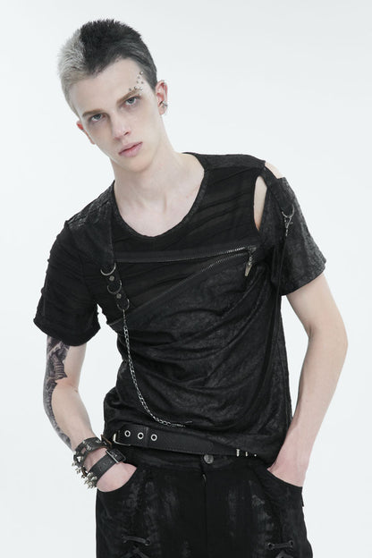 Black Left Off Shoulder Chest Zipper Embellished Punk Short Sleeve