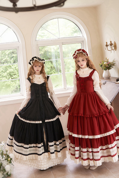 Doll Long Tiered Suspender Skirt + Shirt + Sleeves + Apron + Petticoat + Headband + Ribbon + Accessories