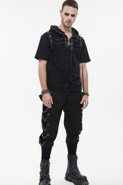 Black Punk Short Sleeve Metal Zipper Lace-up Knit Loose Hooded T-shirt
