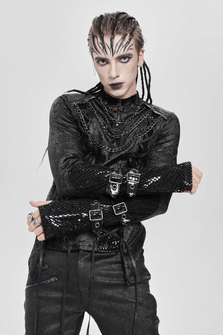 Black Stitching Lace-up Mesh Chain Punk Blouse
